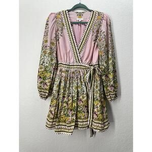 A loves A Linen Blend  Pink Floral Cottage Core  Wrap Dress Puff Sleevee Small